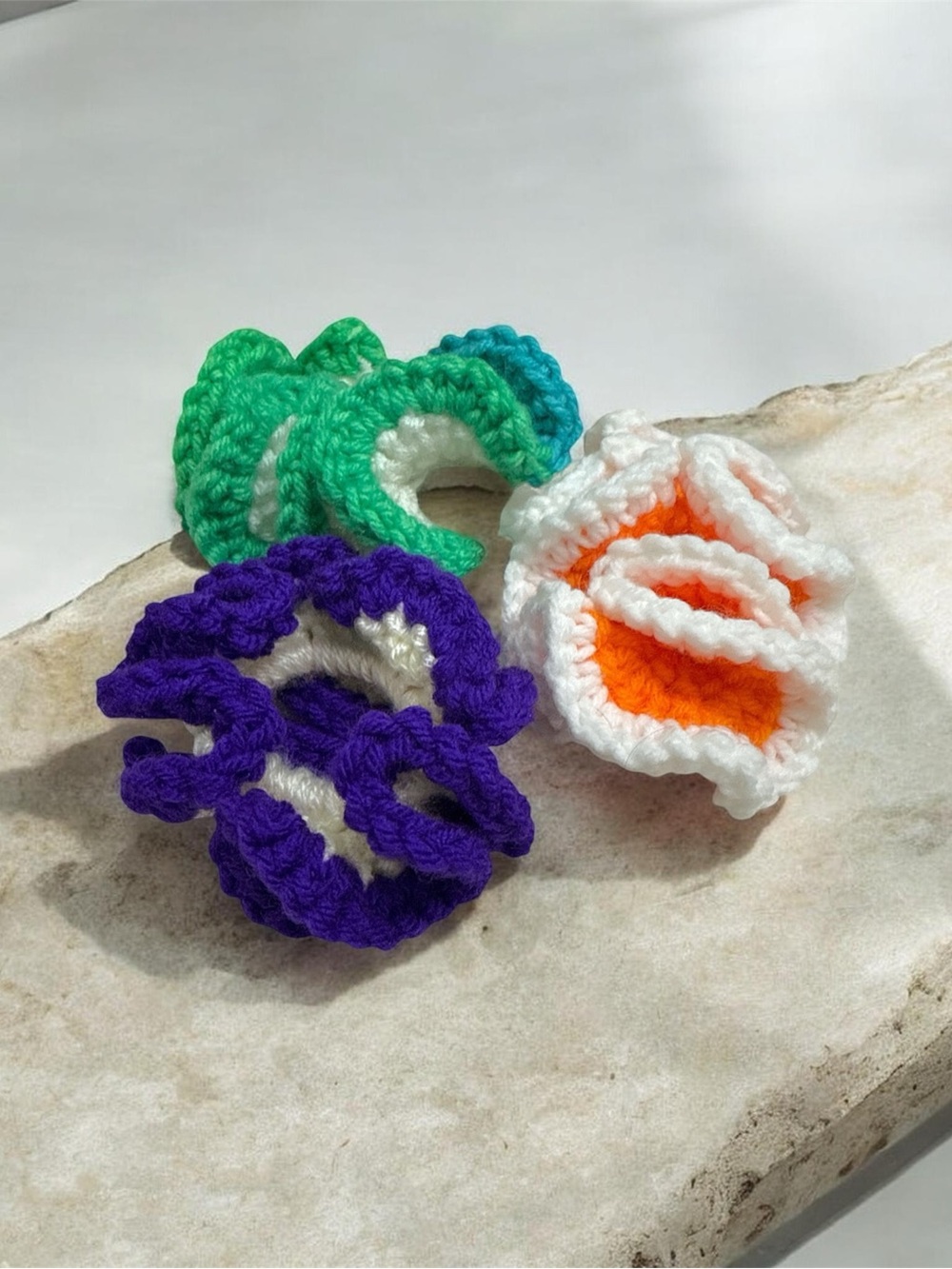 Handmade by Mom Crochet Scrunchie Trio - Green, Purple, White/Orange